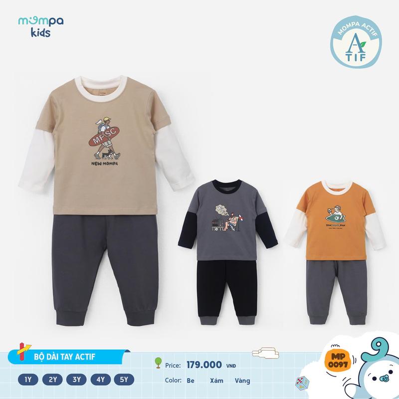 Bộ quần áo dài tay cho bé Mompa 1 đến 5 tuổi vải Cotton Actif mềm mại co giãn MP 0097 M25TD