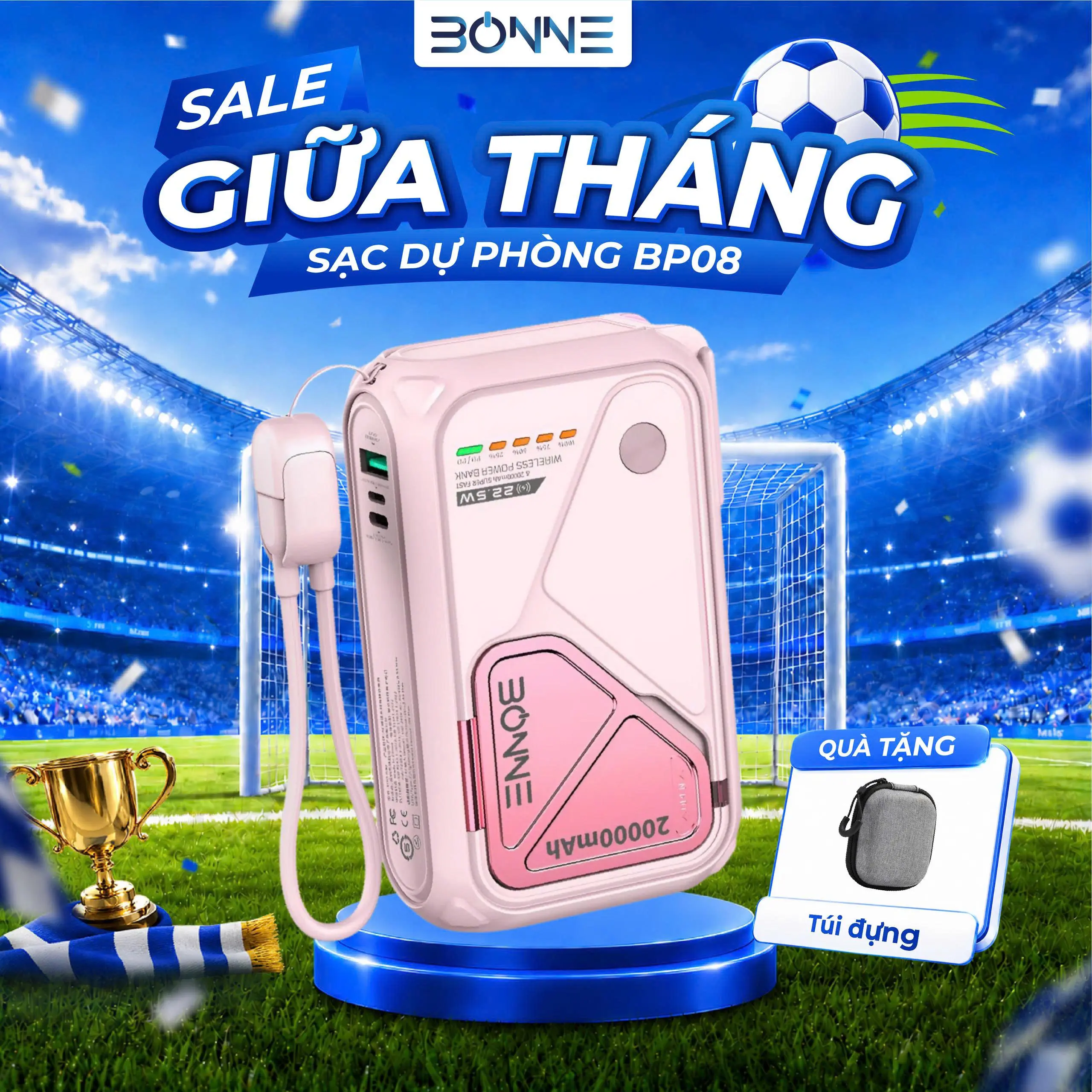HÀNG CÓ SẴN - ( Tặng Túi Đựng Công Nghệ Cao Cấp) Sạc Dự Phòng Bonne TECHNOLOGIQUE BP08 10.000mAh/20.000mAh Không Dây Kiêm Củ Sạc Nhanh Bảo Hành 12 Tháng