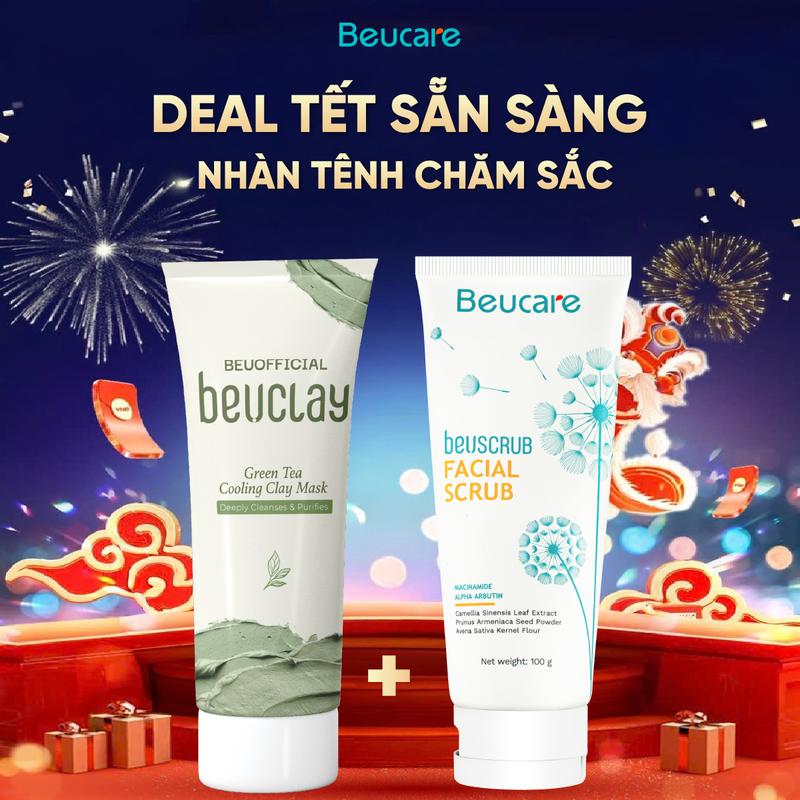  COMBO 1 BEUSCRUB Tẩy Tế Bào Chết cho Da Mặt nhạy cảm 100g Skincare Làm Đẹp Da Hỗ Trợ Làm Sạch Da Dưỡng Ẩm Dịu Nhẹ + 1 Mặt Nạ Đất Sét BEUCLAY 70g Giảm Thiểu Dầu Thừa Trà Son set - TDQ1004 