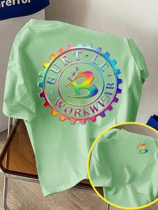 メンズ グラデーション反射プリントTシャツ クラウンロゴ 幾何学デザイン スリムフィット 半袖 夏向け