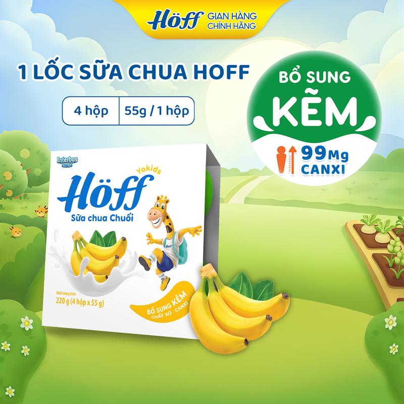 Sữa chua cho bé ăn dặm Hoff vị chuối bổ sung dinh dưỡng canxi kẽm vitamin B1 B2 B3 B6 chất xơ Men vi sinh hỗ trợ hệ tiêu hóa 1 lốc 4 hộp x 55g