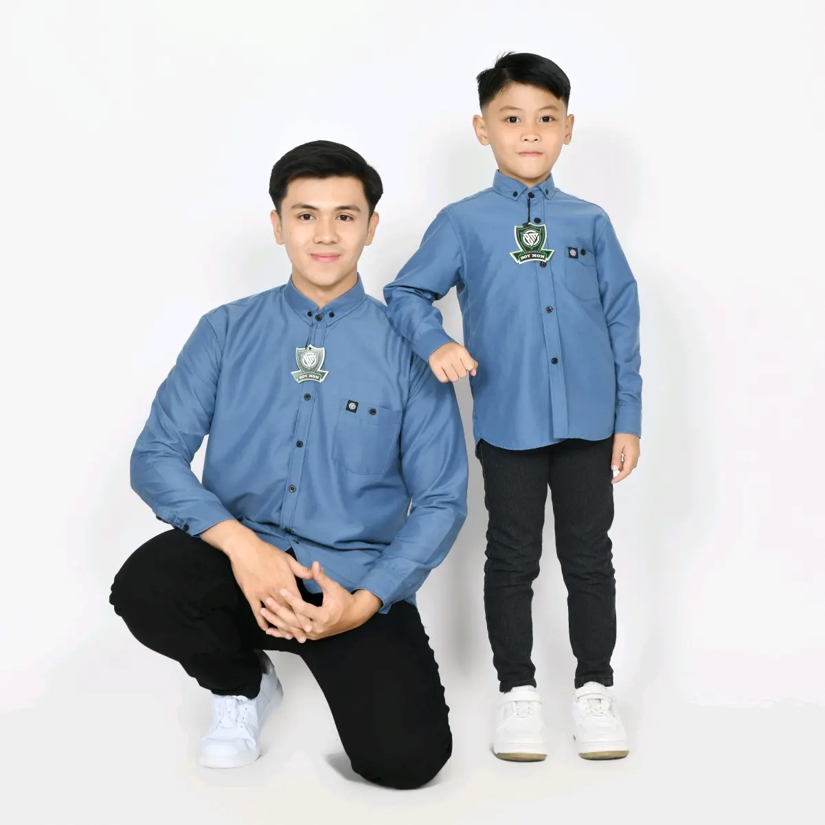 BOY MOM Denim Panjang Poplin Kemeja Polos Couple Ayah Dan Anak Warna Denim Lengan Pendek Kain Katun Poplin Ukuran Dewasa Dan Anak