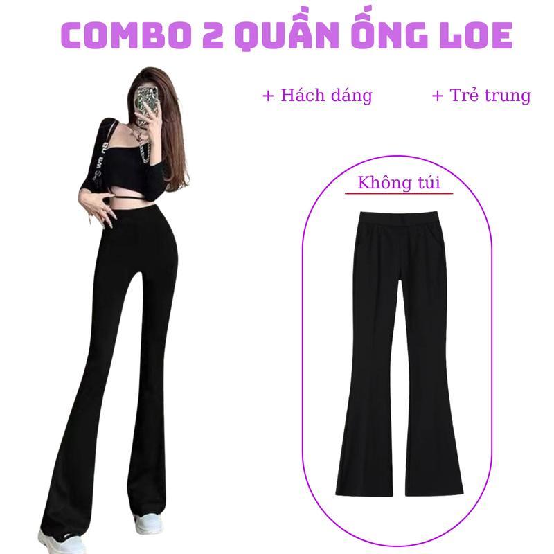 Combo 2 Quần nữ ống loe cạp cao chất thun co dãn mịn mát dáng dài legging loe ôm body tôn chiều cao Pants Đen Ong không có túi QL007