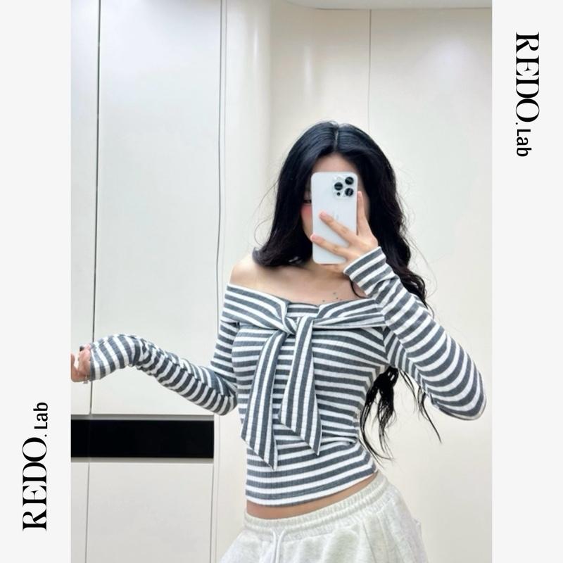 | REDO MỞ BÁN | ÁO TRỄ VAI THẮT NƠ HOẠT TIẾT KẺ SỌC CHẤT DỆT KIM COTTON BASIC TÔN DÁNG Áo trễ vai nữ