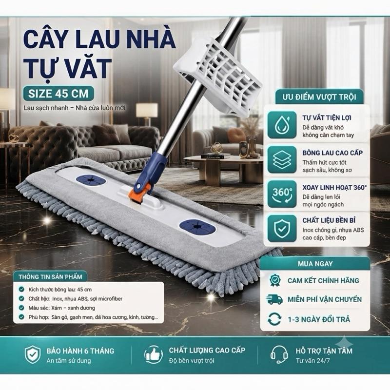 Cây Lau Nhà Tự Vắt Thông Minh Xoay 360 Độ Cụ Vệ Sinh Hiệu Quả Cho Mọi Góc Độ ( Không Kèm Xô )