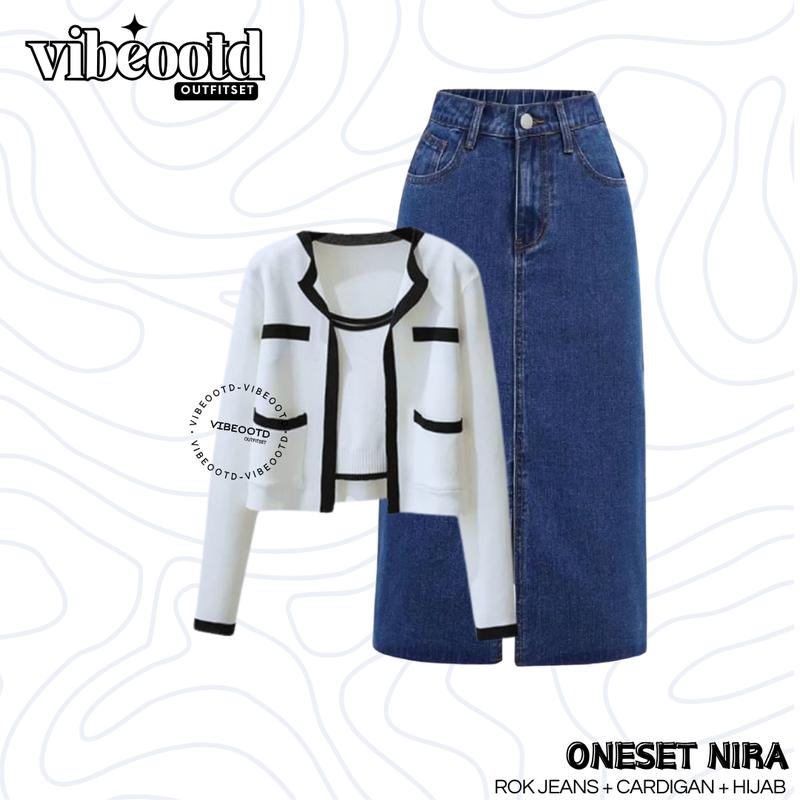 Nira Outfit Set Wanita Hijab ( Bawahan Rok Jeans + Atasan Outer Cardigan + Inner Korean + Bella Square / pashmina ceruty ) Ootd Simple Hijab Kekinian - Oneset Kece Setelan Keren Muslim Panjang one Cantik remaja Oversize Casual Nyaman Santai cewek 3