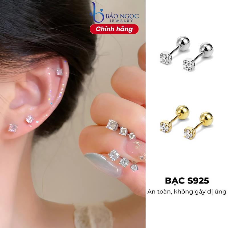 Bông tai nụ đá lấp lánh bạc S925 cao cấp khuyên tai bạc unisex chốt vặn cho cả nam nữ - B3086