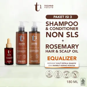 Paket Isi 3 Makarizo T1 Techno Nature Shampoo Equalizer 180mL & Conditioner 180mL + Rosemary Scalp & Hair Oil 40mL Non SLS untuk Kulit Kepala Sensitif & Rambut Kering