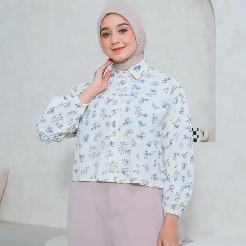 Atasan Fashion Korea Style Lengan Panjang Blus Wanita Musim Panas Casual Blouse Motif Bunga Bahan import 5
