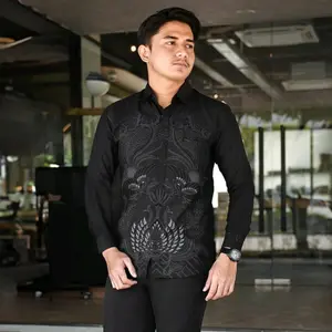 BATIK PRIA MODERN LENGAN PANJANG BIG SIZE JUMBO M L XL XXL 3XL 4XL 5XL Formal Kantor Katun Nyaman Hitam