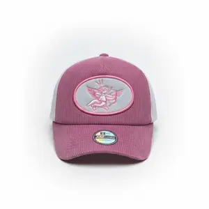 JDMCAPS - Topi Trucker Baseball Pink Putih Corduroy Visor Pendek Bordir