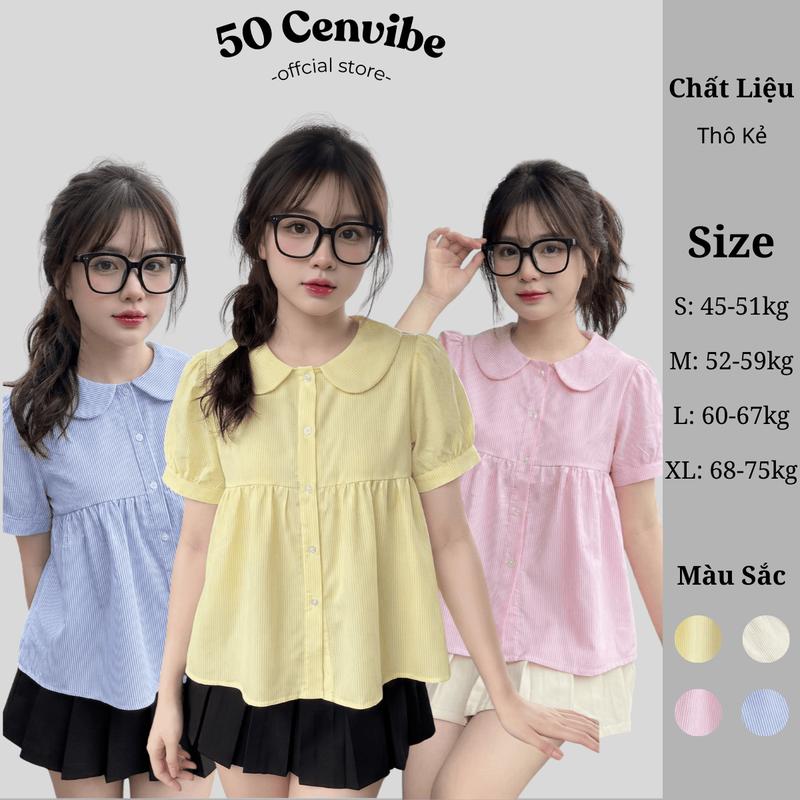 Áo Sơ Mi Nữ Babydoll Cổ Sen Khuy Hoa Cộc Tay Vải Kẻ Sọc Có Bigsize 45-75kg Phong Cách Korea 50 Cenvibe Clothing #318