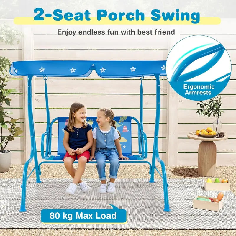 GYMAX Kids Patio Swing Chair, 2 Seats Garden Swing Bench with Adjustable Canopy and Safety Belts, Porch Swinging Lounger Seater for Outdoor & Indoor 5