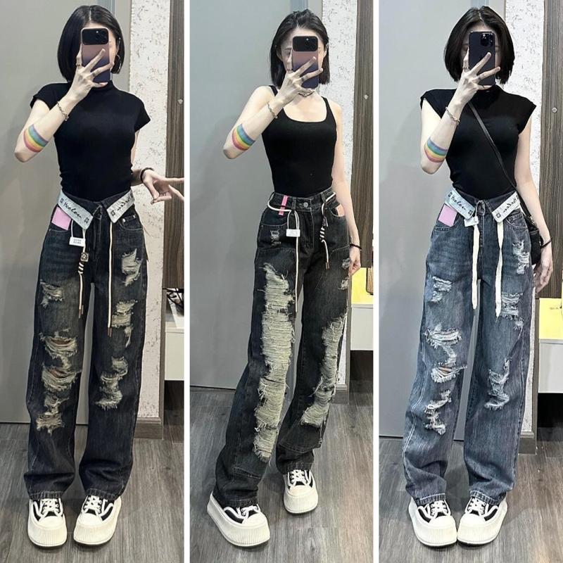 Quần jean rách gối MELINA quần bò nữ ống suông rách nhiều cạp cao bẻ cạp đai bản to màu đen ánh rêu xanh đậm xám khói size S M L SPG2