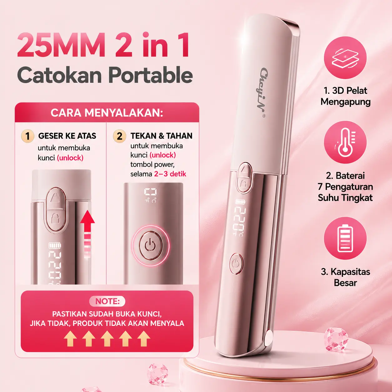 CkeyiN 25MM Wireless Hair Straightener & Curler 2-in-1 | Catokan Rambut Portable Tanpa Kabel Multifungsi Baterai Tahan Lama - Pink