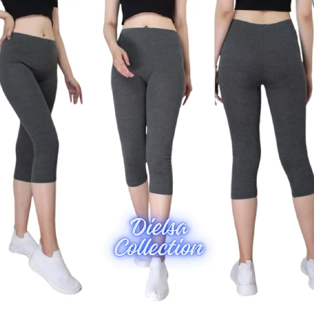 Legging 3/4 Kaos Wanita / Celana Legging Pendek 3/4 Polos Rayon Dewasa Nyaman Fit Melar Basic Dalaman Santai Tebal Standar Hitam