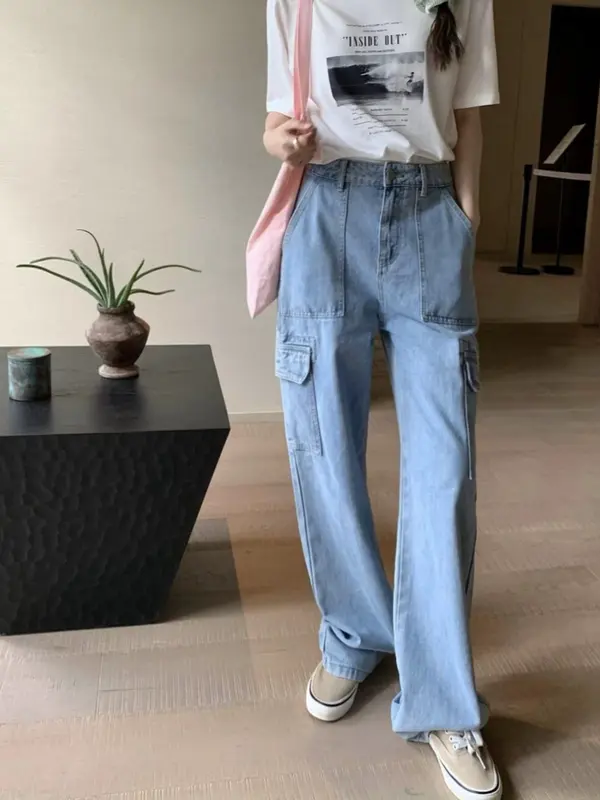 HAZO JEANS-Cargo Jeans Khaki baru versi Highwaist Loose Celana Jeans Wanita Korea Muda Panjang Retro Straight 8
