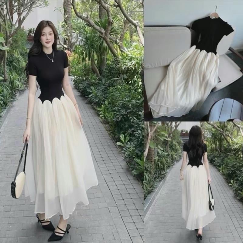 ĐẦM XOÈ TAY NGẮN CHẤT THUN PHỐI CHÂN VÁY TƠ đi tiệc dạo biển cf