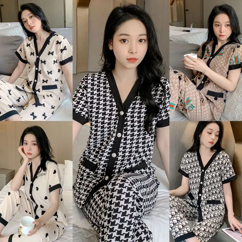 Piyama Wanita Dewasa Model Kancing Depan Mewah Lengan Pendek Celana Panjang Import High Quality Sleepwear 0
