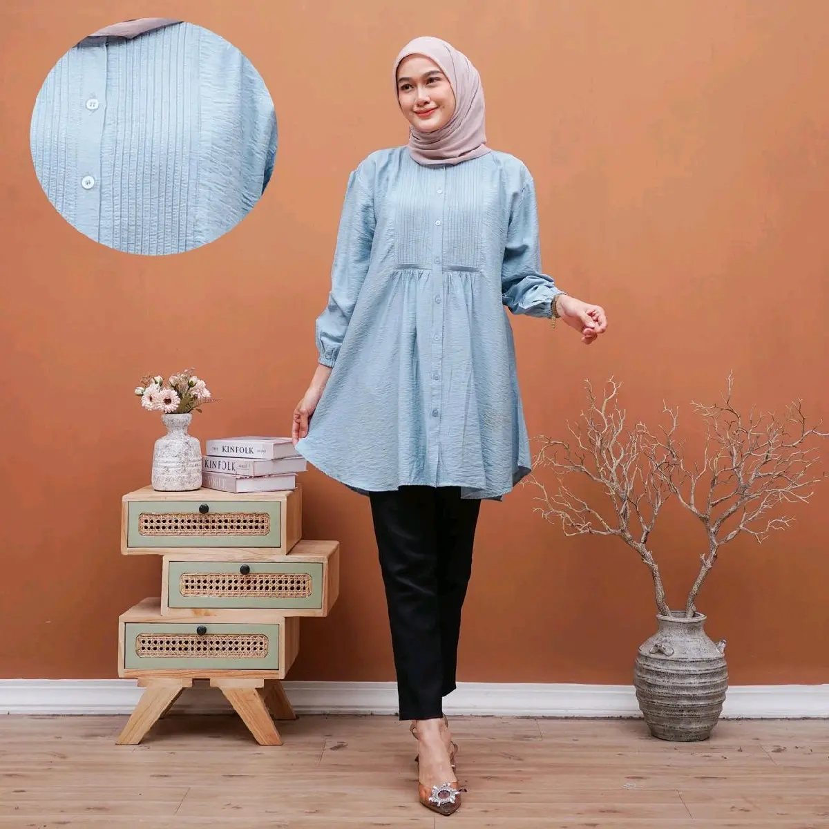 Opnaisel Series Tunik Ricis Polo Linen Baju Wanita Kekinian Full Kancing Depan Aktif