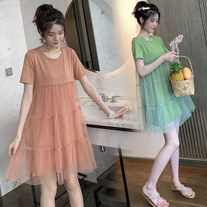 Pregnant women's summer clothing, pregnant women's dresses, medium length loose short sleeved thin top skirts, pregnant women's spring and summer pants