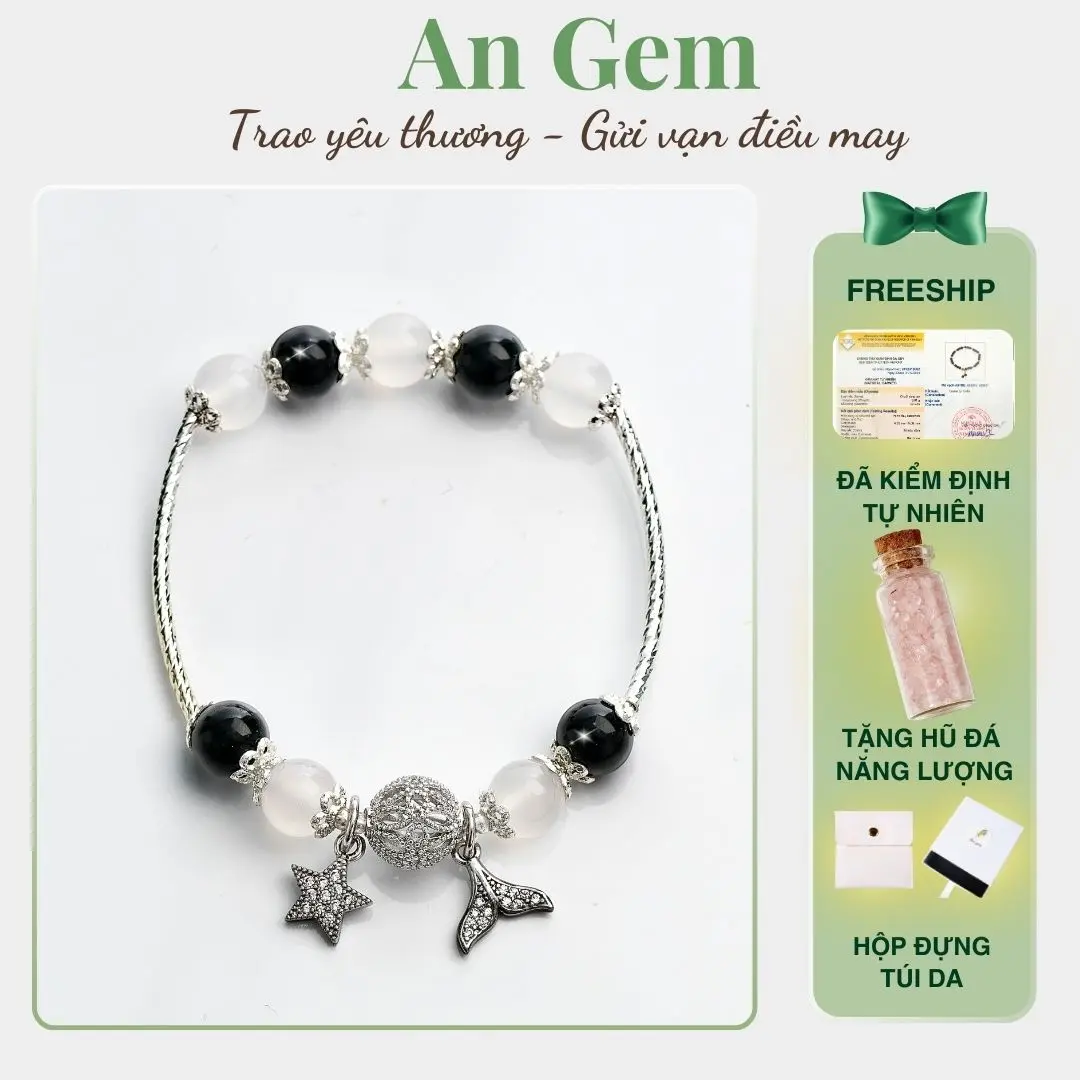 Vòng tay An gem đá obsidian mix mã não trắng kèm charm, lắc tay nữ phong thuỷ đá tự nhiên quà tặng sinh nhật giáng sinh Noel Tết Valentine [TẶNG HŨ ĐÁ NĂNG LƯỢNG]