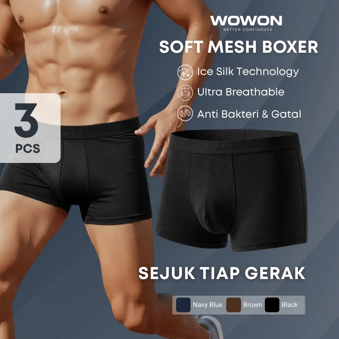 Wowon Men Boxer - 3 Pcs - Celana Dalam Pria Soft Mesh Boxer - Anti Bau & IceSilk Technology - Ultra Breathable - Fit Nyaman