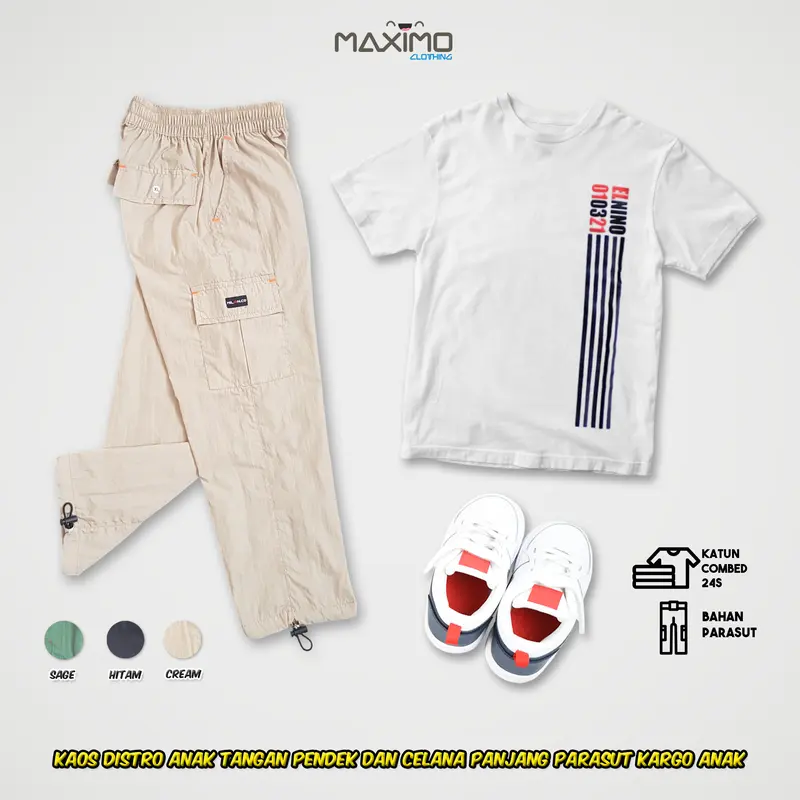 Setelan Baju Kaos Anak - 010321 dan Celana Kargo Parasut Panjang 3 warna - untuk Usia 4 Hingga 12 Tahun - Fashion Anak 2