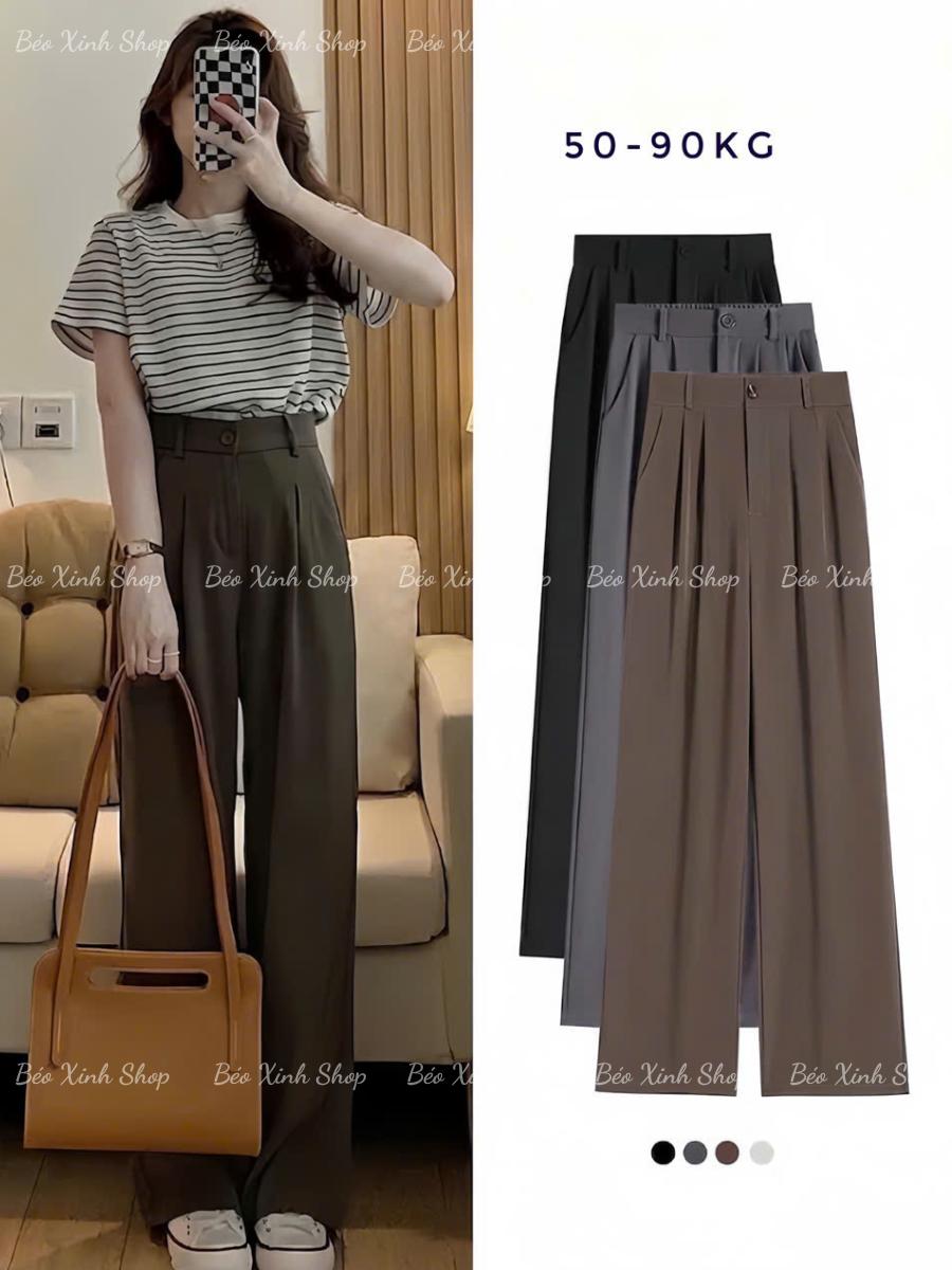 Quần Tây Ống Suông Suông Cạp Cao Phối Khuy Vải Xước Hàn Cotton Cao Cấp Thanh Lịch Bigsize Cho Nàng 50-90 - A.1803