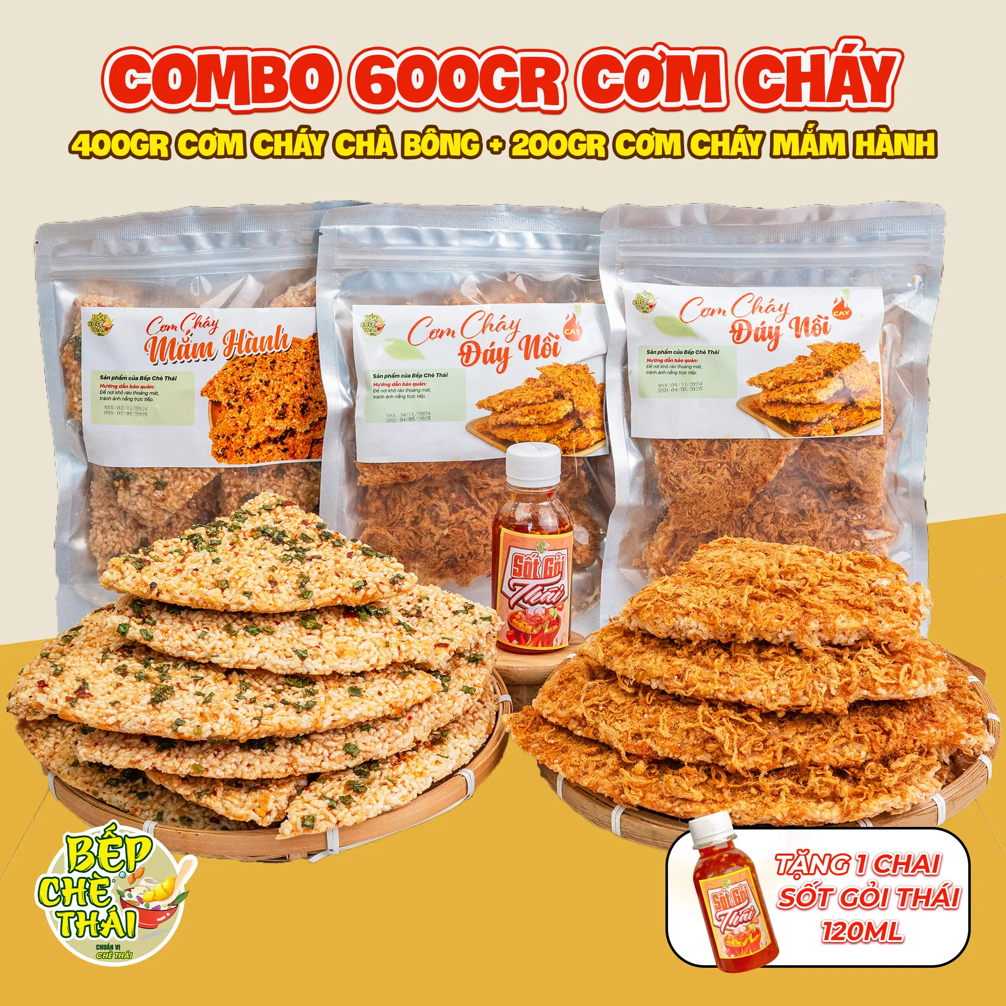 [TẶNG SỐT GỎI THÁI] Combo 3 gói 600g cơm cháy (400g chà bông + 200g mắm hành) + kèm 1 sốt thái Snack Food Ăn Vặt