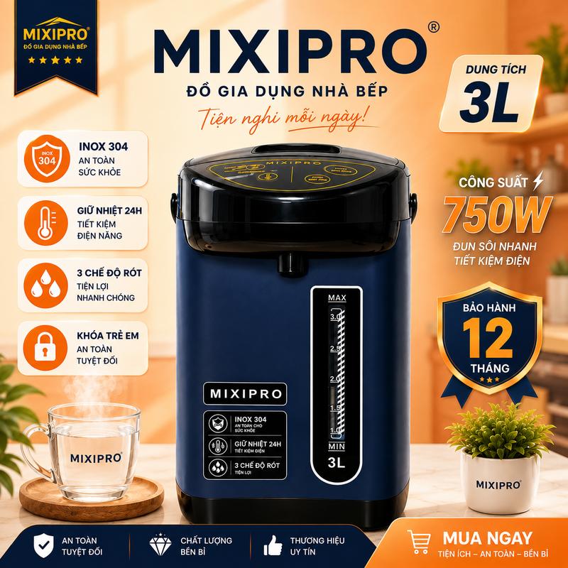 Bình Thủy Điện MIXIPRO 3L – Ruột Inox Dày, Tái Đun Sôi Một Chạm