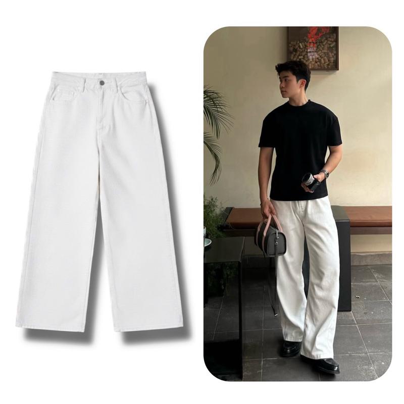 Quần Jean NhinNhinn Trắng - Đen ống rộng Nam - Nữ Ống rộng phủ giày - Quần Jean Trắng KHÔNG KÈM DÂY