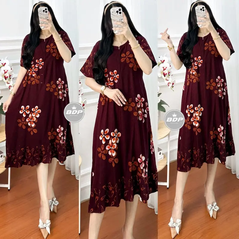 Terbaru | Daster Maura Wanita Kekinian Lengan Pendek Rayon Busui Resleting Depan - Daster Motif Terbaru - Baju Tidur Daster Katun Musim panas Bumil Batik Dress Panjang Belah Samping 2