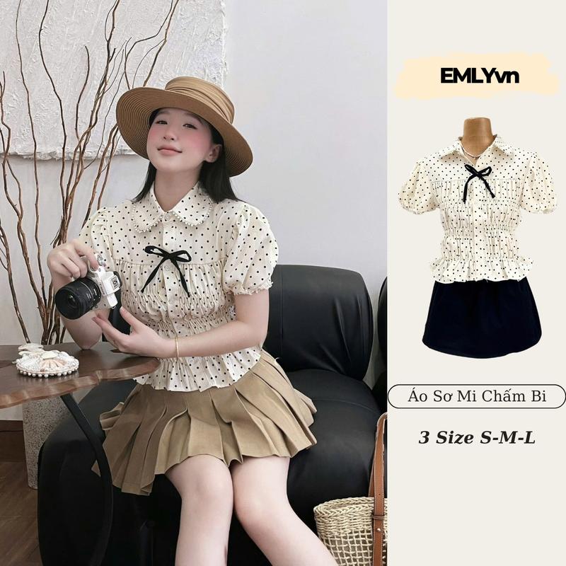EMLYvn - Áo Sơ Mi Chấm Bi Nữ Cộc Tay Phối Ren Cổ Sen KÈM NƠ Áo Sơ Mi Nữ Kiểu Bo Chun Dáng Babydoll
