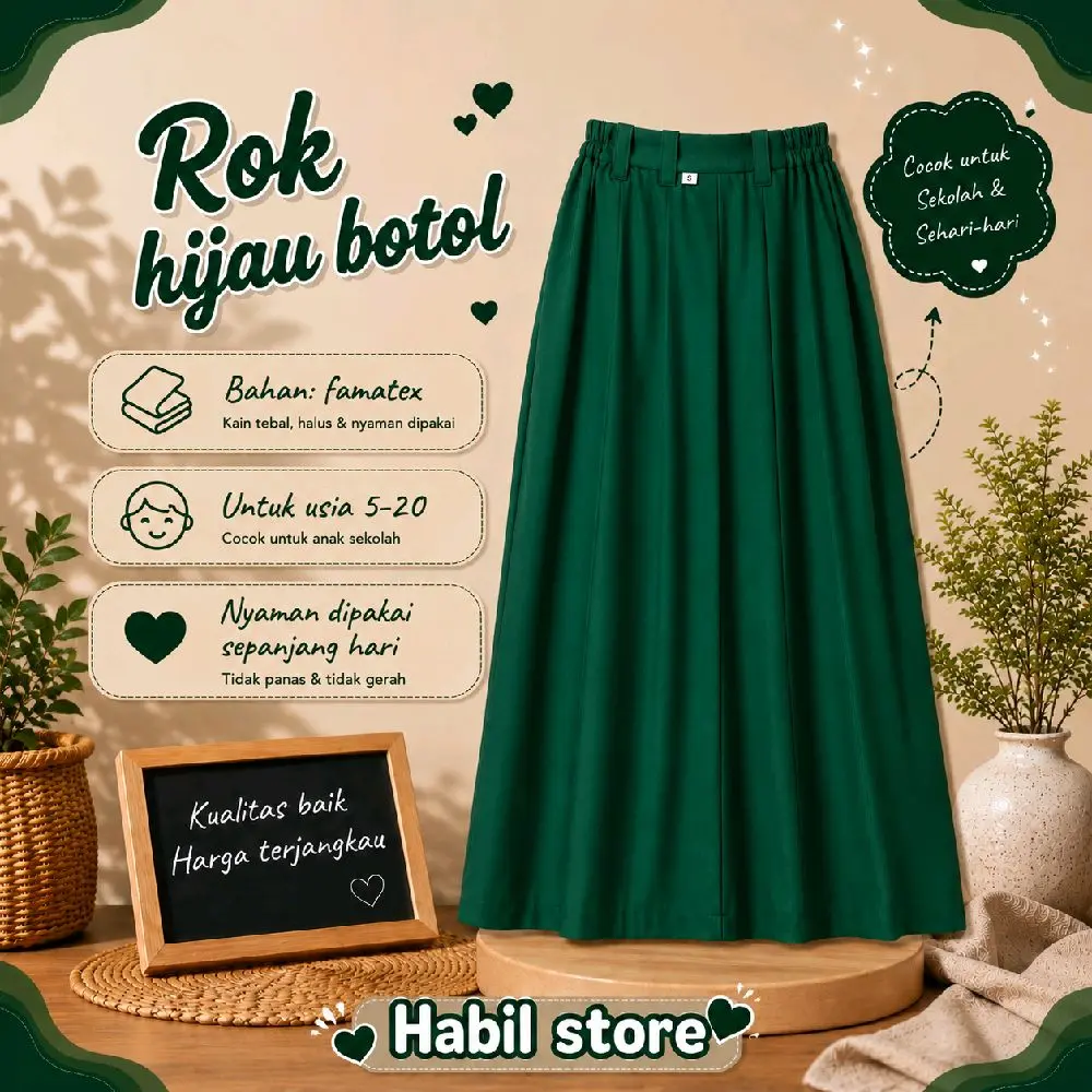 Habil Store Rok Hijau Botol untuk Usia 5-14 Tahun Bahan Famatex Nyaman Dipakai Sepanjang Hari Kualitas Baik Harga Terjangkau