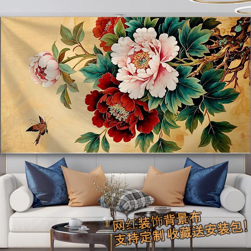 Lukisan peoni bunga nasional bergaya Tionghoa untuk dekorasi ruang tamu, kantor, dan penyewaan rumah, kain latar dinding, karpet gantung untuk live streaming populer Lukisan peoni bunga nasional bergaya Tionghoa untuk dekorasi ruang tamu, kantor, dan penyewaan rumah, kain latar dinding, karpet gantung untuk live streaming populer