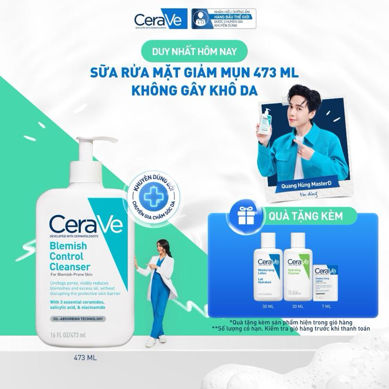 Sữa rửa mặt giảm mụn CeraVe Blemish Control Cleanser 473ml. Sữa rửa mặt dịu nhẹ giúp làm sạch bã nhờn dư thừa và giảm mụn với AHA & BHA, không làm tổn thương hàng rào bảo vệ da. DÙNG CHO DA MẶT_ Chăm sóc da_Skincare cho Nam và Nữ_Cleansing