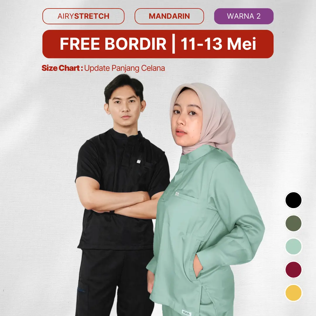 Airy Stretch - Baju jaga Mandarin - Home Of Stasis Warna 2- Medical Scrub Doctor’s Baju celana Jaga Panjang pendek V-Neck Safety Joger Cargo OKA OK Perawat/ Dokter Nakes Polydex  polos seragam kerja pria wanita Set Terpisah
