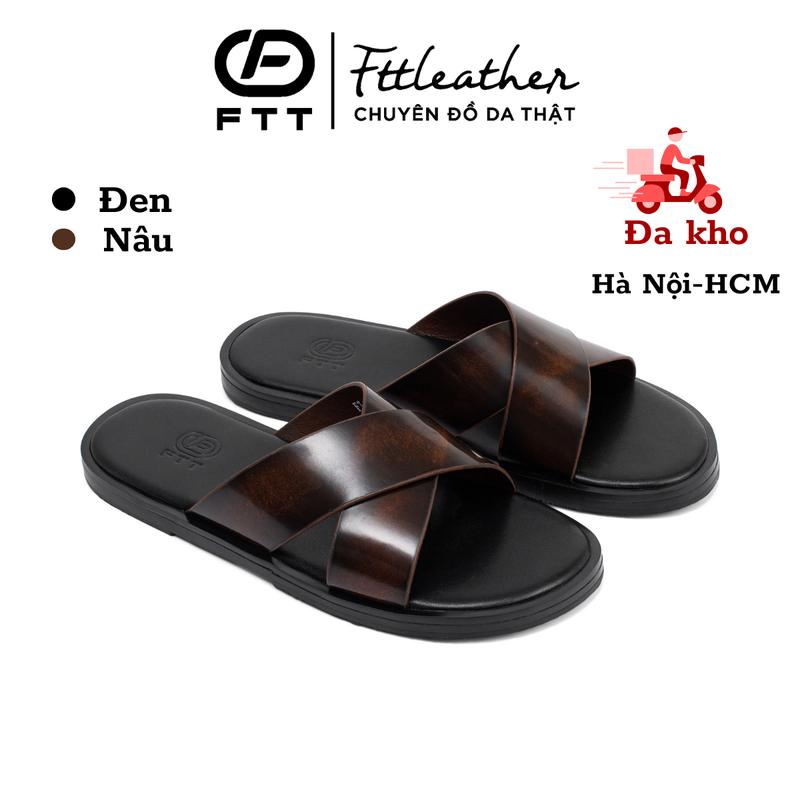  Dép da nam quai chéo Fttleather da bò non cao cấp hạn chế nhăn đế phíp gỗ chống trơn trượt D013 