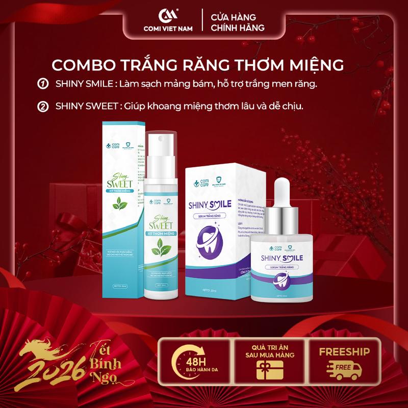 COMI VIETNAM COMBO CHĂM SÓC RĂNG MIỆNG: Serum Trắng Răng Shiny Smile và Xịt Thơm Miệng Shiny Sweet. Hỗ Trợ Trắng Răng Và Thơm Miệng