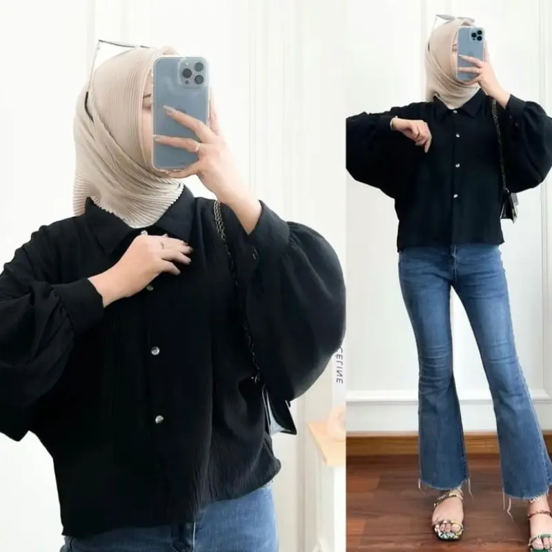 ￼Atasan Blouse Wanita Crop Beatwing Lengan Panjang Kerah Kemeja AirFlow atasan kemeja wanita 1