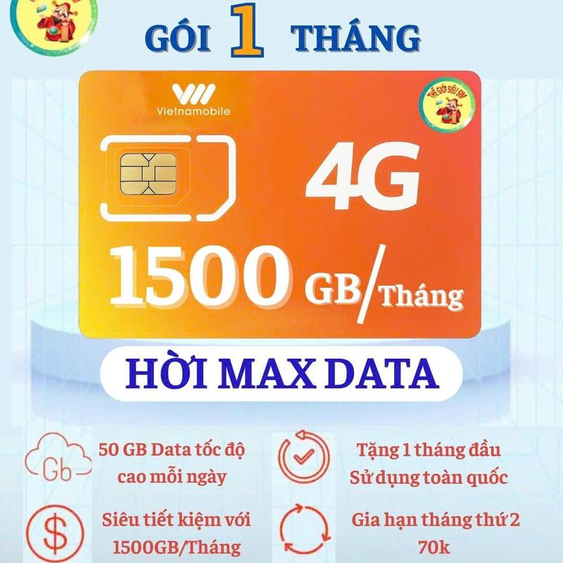 Tăng tháng đầu tiên Vietnamobile Sim HỜI MAXDATA 4G 1500GB tháng - Gói 1 Tháng Tốc Độ Cao 1500GB Tháng - Siêu Tiết Kiệm