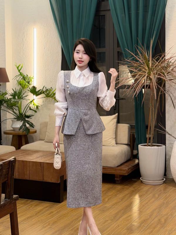  Váy Dạ Đầm Liền Thiết Kế Ella Desgin dành cho nữ kiểu dáng váy bút chì phối tay cổ áo bằng vải tơ phù hợp mặc đi làm  đi chơi  có bigsize B78 