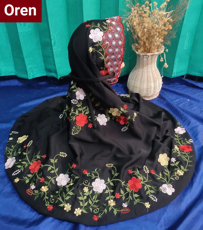 Mukena Terusan Dewasa Polino Warna Hitam Bordir Bunga Jasmine Cantik Motif Nyaman Muslim Navy Mukenah Katun Panjang Renda Santri 4