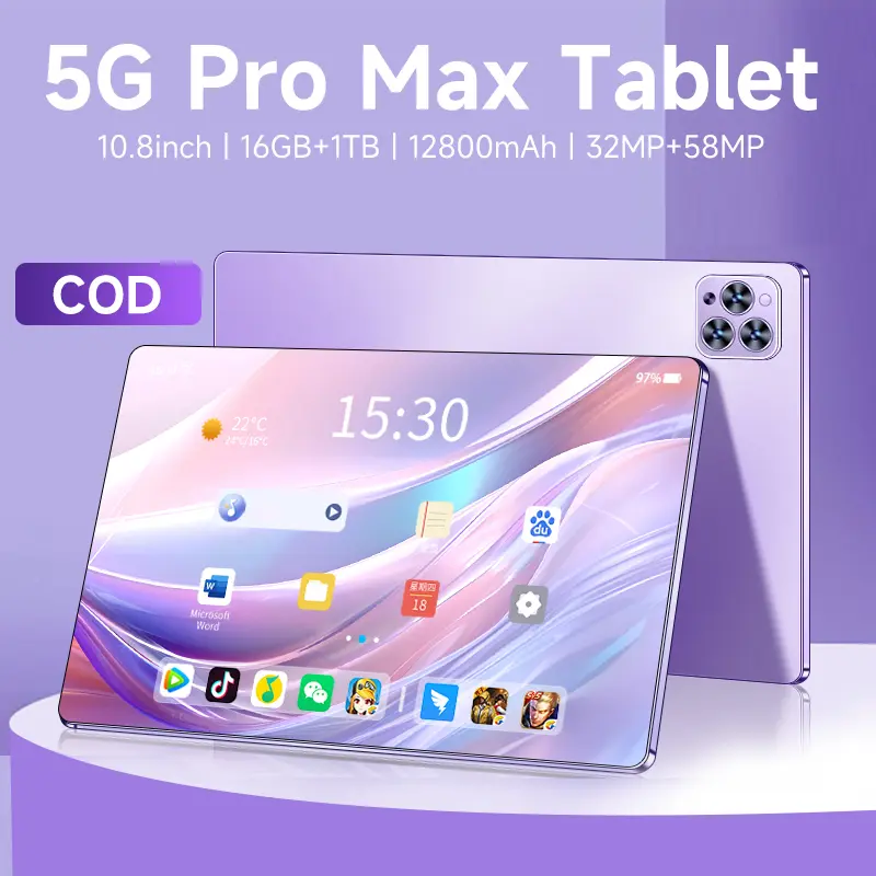 Komputer tablet 5G baru, game hiburan, pembelajaran, komputer tablet Android multifungsi, memori besar 16GB+1TB, baterai 12800mAh, kamera HD, SIM ganda 10,8 inci, mikrofon WiFi Bluetooth siaga ganda Layar 0