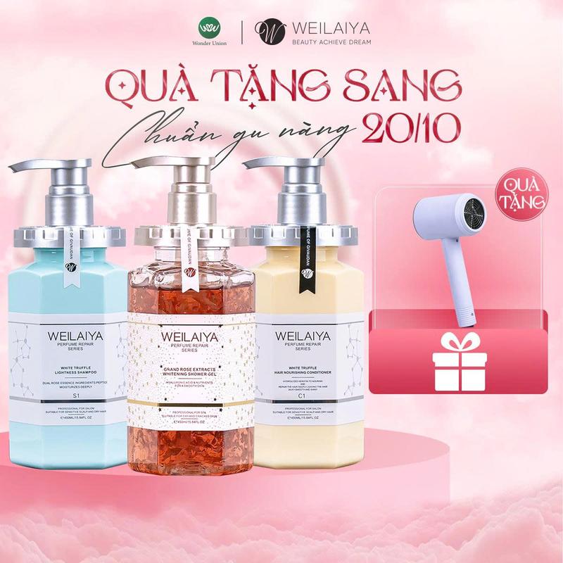 Bộ dầu gội xả đa tầng nấm Truffle + Sữa tắm cánh hoa hồng Damask Weilaiya