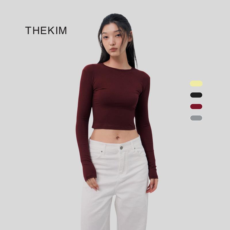  THEKIM Áo croptop dài tay cổ tròn nhiều màu  áo thun tăm cotton tay dài trơn basic cho nữ ôm sát body AD119 croptop 