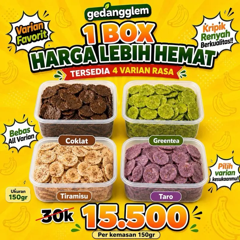 1BOX KERIPIK PISANG Coklat Greentea Tiramisu Taro