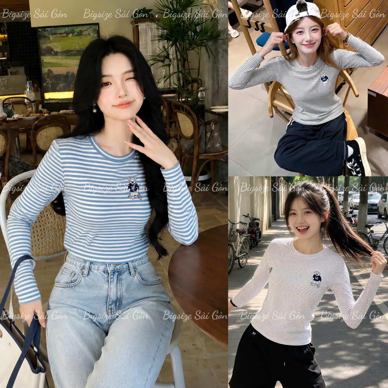 Áo Thun Nữ Tay Dài Thêu Gấu Basic Vải Borit Sọc Cao Cấp Thanh Lịch Bigsize 45–90kg Dễ Thương Nữ Women Top Nhung - B.1833