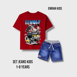 Emran kids  COD GRATIS ONGKIR SATU SETEL Baju kaos anak laki laki usia 1-8 tahun motif karakter lucu warna kream Emerald maroon Motif Jeans Fashion Setelan Cowok Parsel Katun